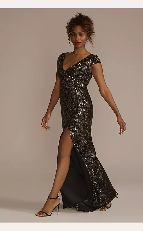 Cap Sleeve Allover Sequin Sheath Dress with Slit Image 1