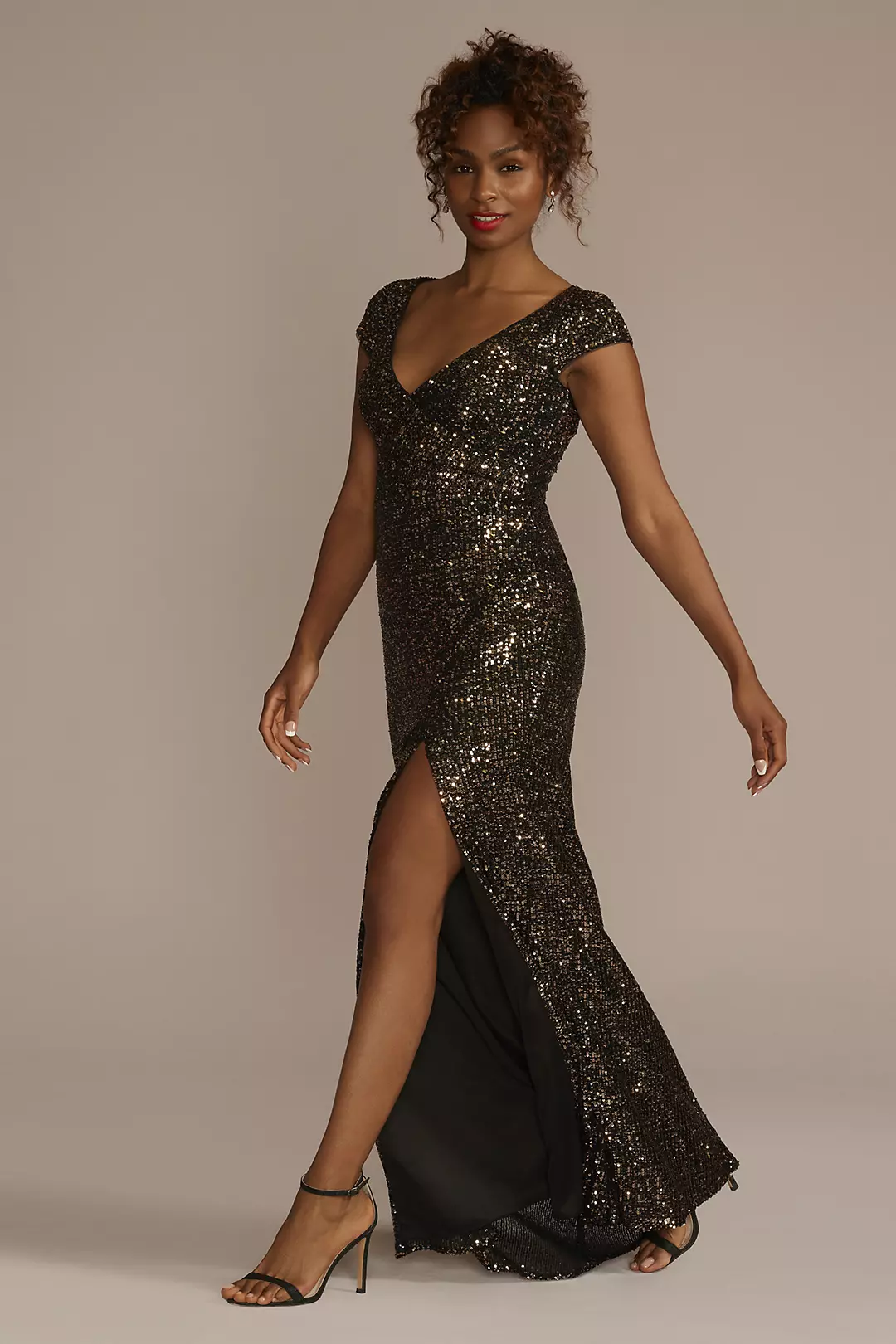 Cap Sleeve Allover Sequin Sheath Dress with Slit Image