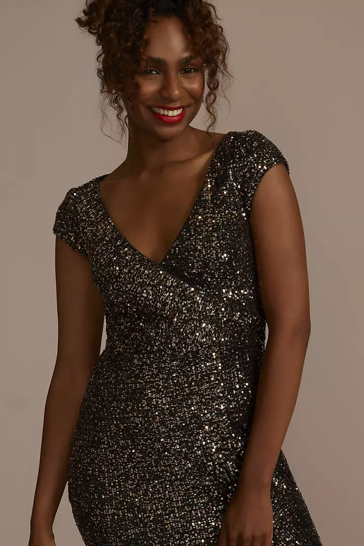 Cap Sleeve Allover Sequin Sheath Dress with Slit | David's Cap Sleeve Allover Sequin Sheath Dress with Slit | David's