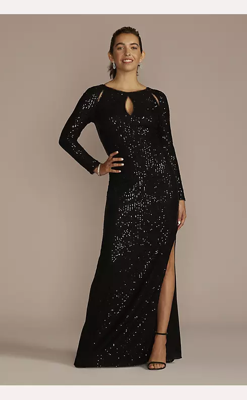 Long Sleeve Allover Sequin Sheath with Cutouts Image 1