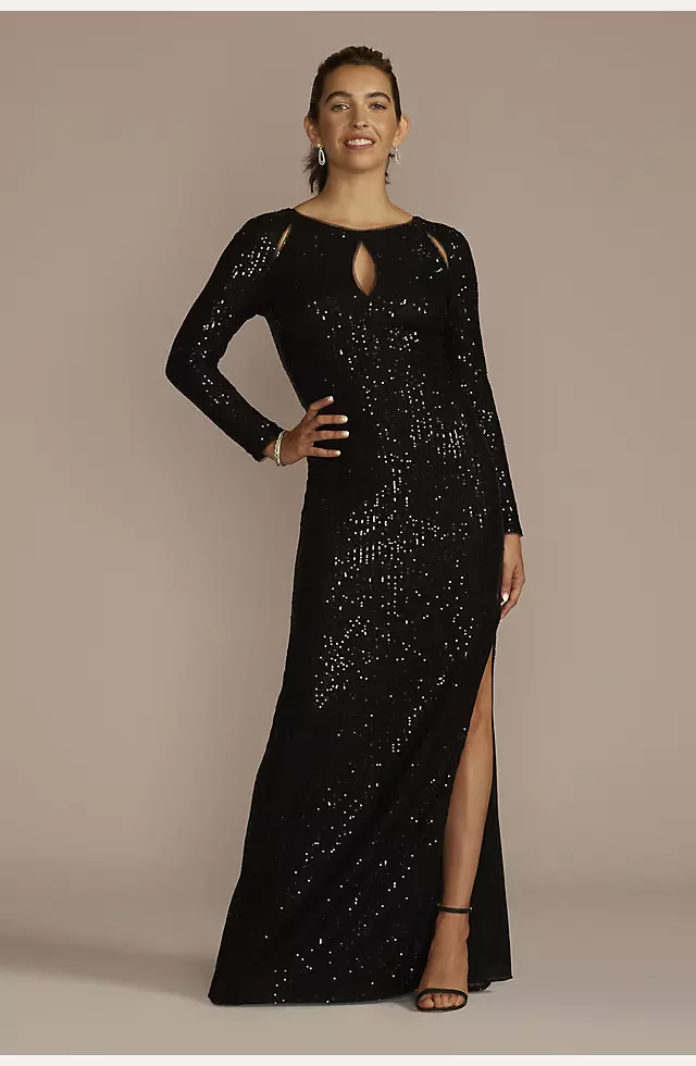 Long Sleeve Allover Sequin Sheath with Cutouts Image