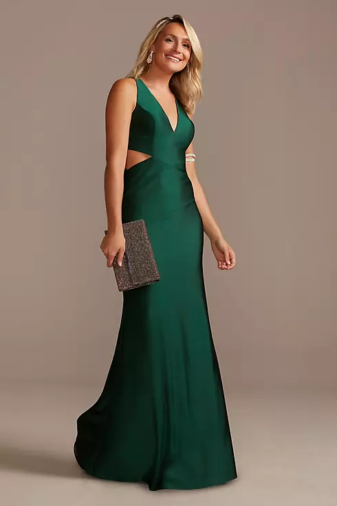 Satin V-Neck Sheath Gown with Waist Cutouts Image 1