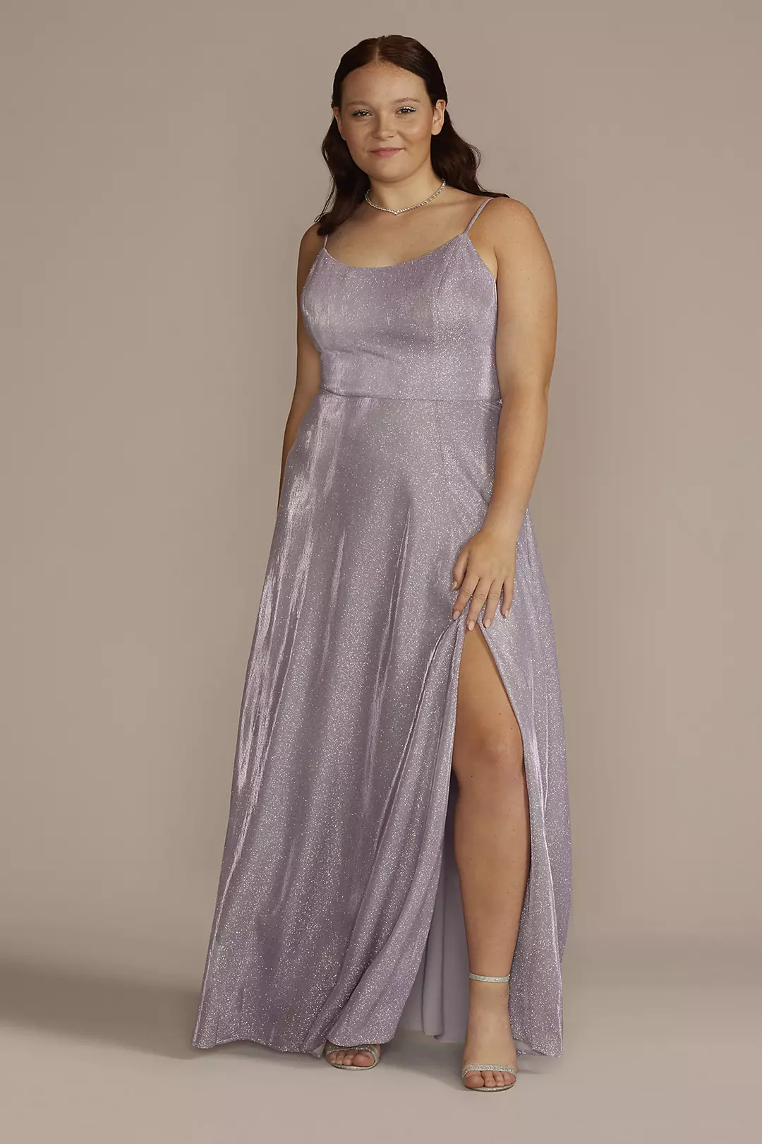 Spaghetti Strap Glitter Shine Gown with Slit Image
