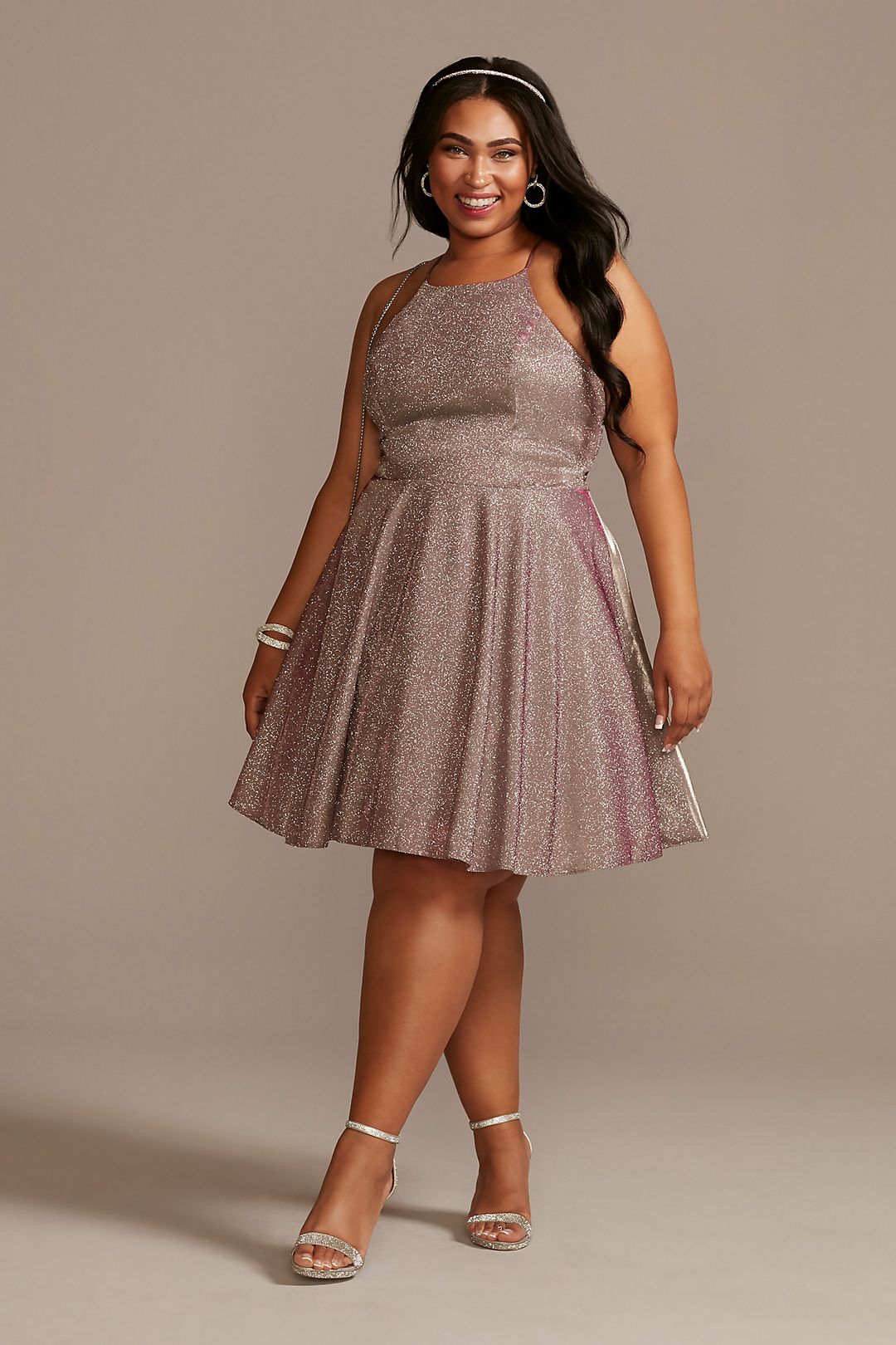 Plus Size Metallic Mini Dress with Lace Back Image 1