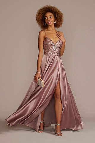 davidsbridal.com | Satin Prom Dress with Beaded Bodice