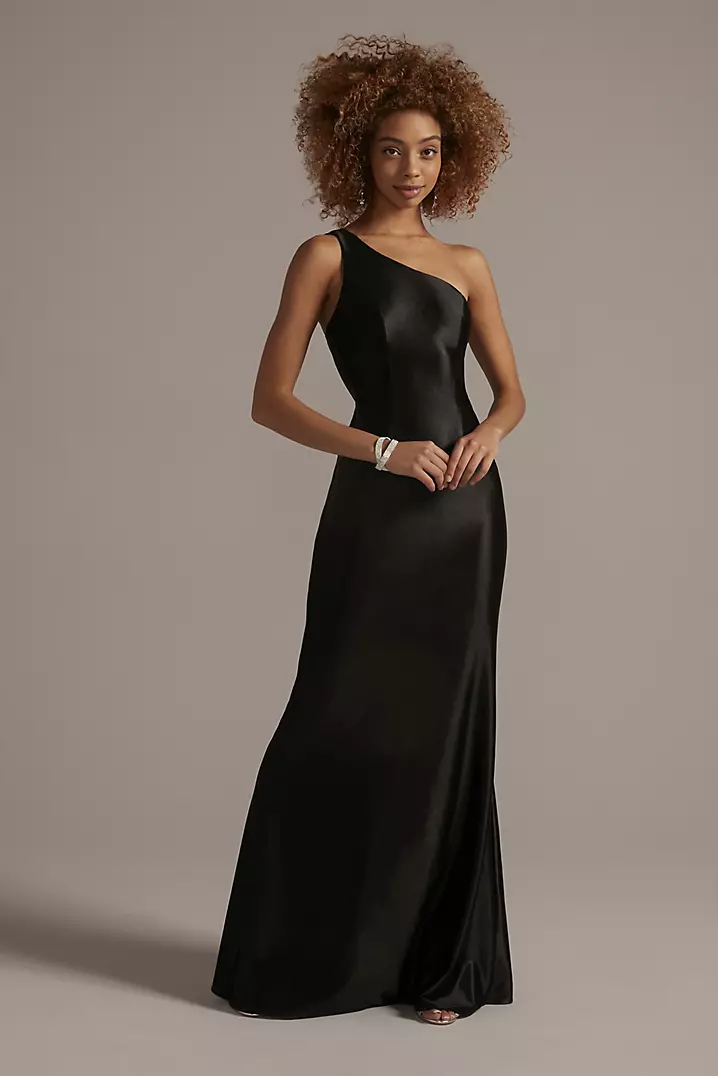 one shoulder black satin dress Black Satin Bridesmaid Dresses Long One Shoulder Black / 14