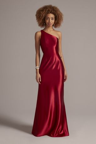 One Shoulder Satin Sheath with Skirt Slit David s Bridal