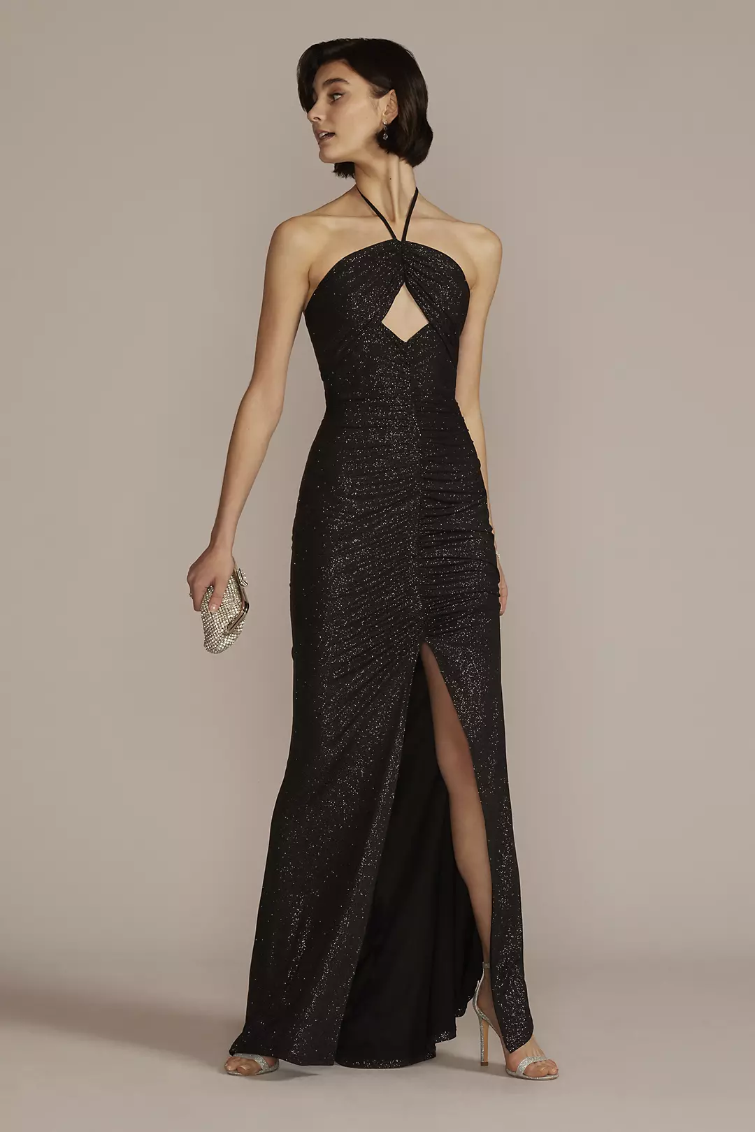 Cutout Glitter Halter Dress with Ruched Skirt Image