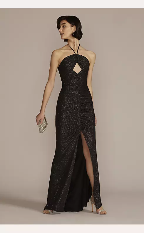 Cutout Glitter Halter Dress with Ruched Skirt Image 1