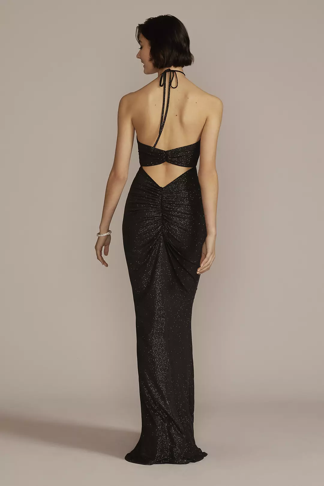 Cutout Glitter Halter Dress with Ruched Skirt Image 2