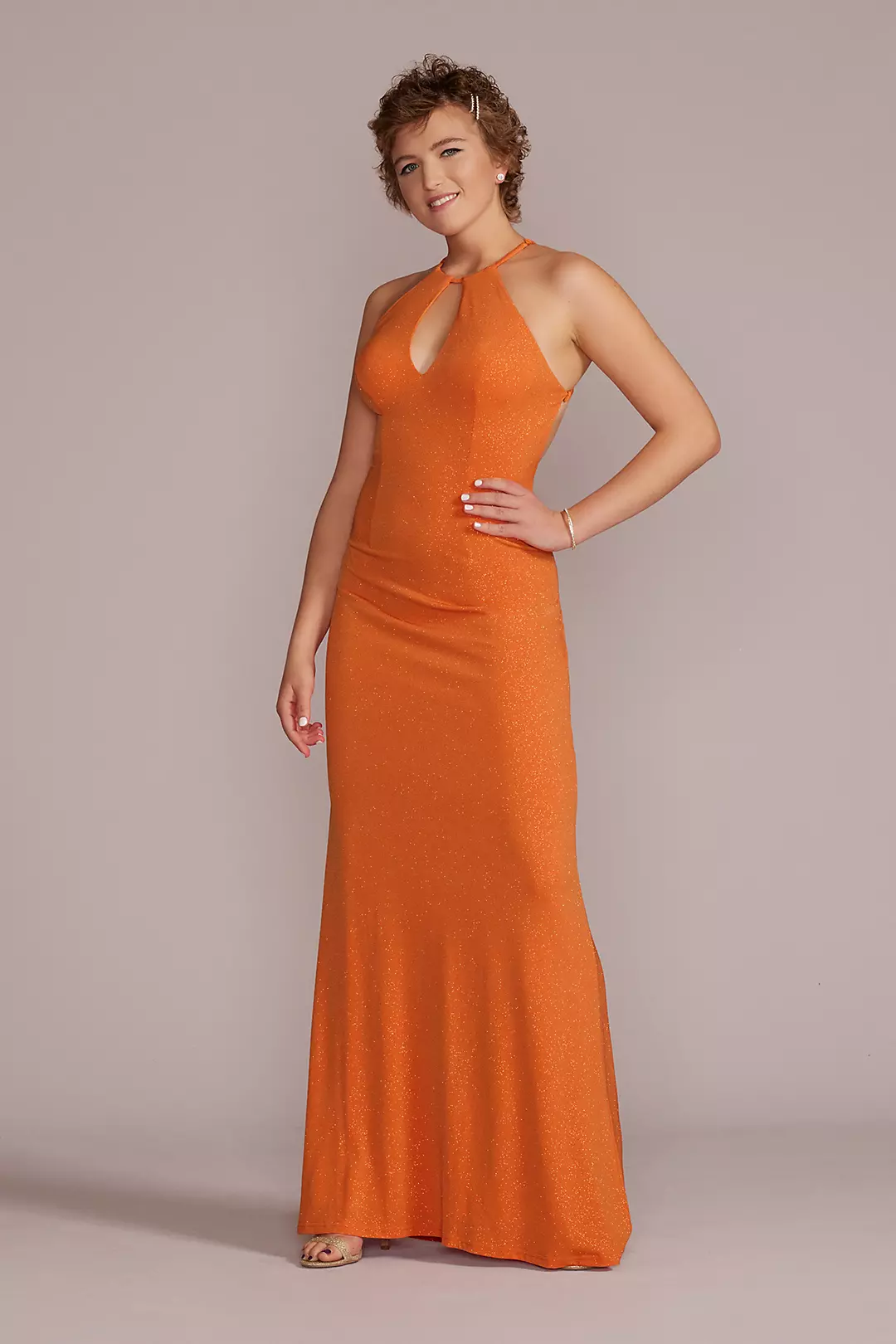 Glitter Knit Halter Sheath Gown with Keyhole Image