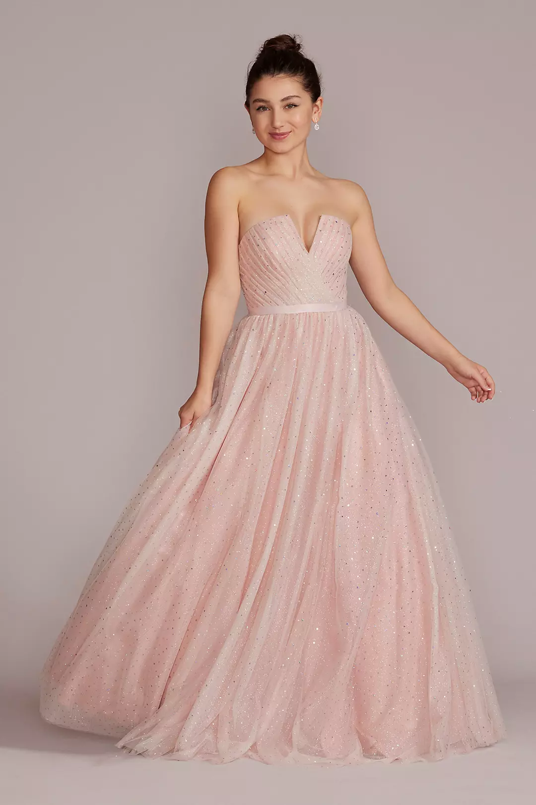 V-Notch Strapless Sparkle Prom Dress Image