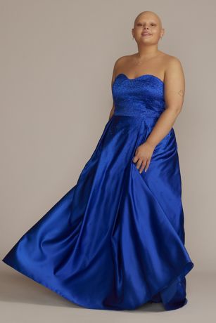 Plus Size Strapless Satin Gown with Pleated Skirt