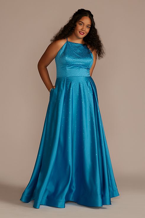 Embellished High Neck Satin Ball Gown with Slit Image 1