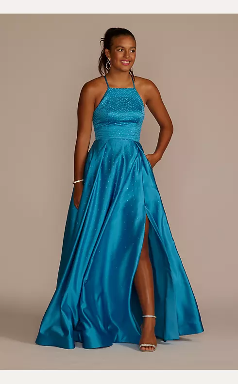 Embellished High Neck Satin Ball Gown with Slit Image 1