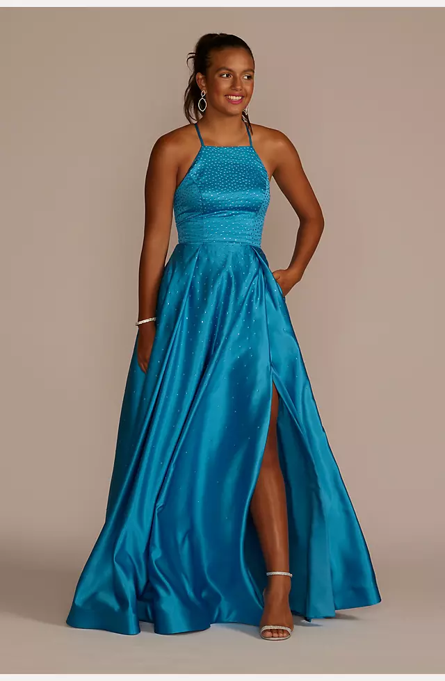 Embellished High Neck Satin Ball Gown with Slit Image