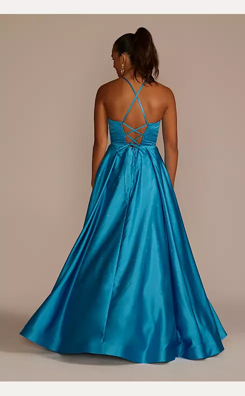 Embellished High Neck Satin Ball Gown with Slit Image 2