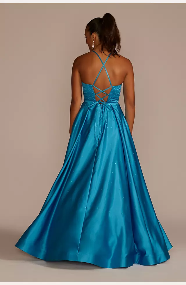 Embellished High Neck Satin Ball Gown with Slit Image 2