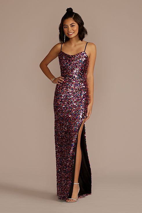 Cowl Neck Allover Sequin Dress with Slit Image 1