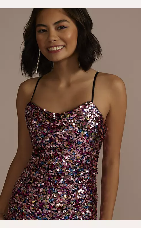 Cowl Neck Allover Sequin Dress with Slit