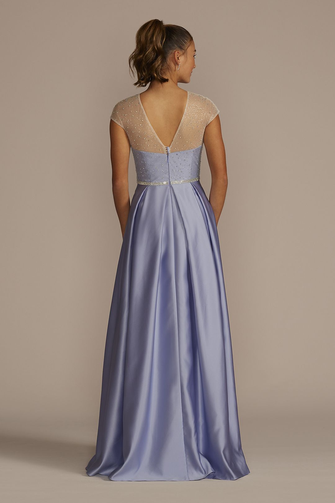 Satin Ball Gown with Sheer Embellished Top Image 2