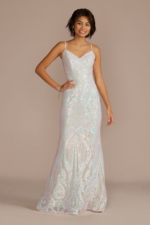 Long V-Neck Iridescent Sequin Patterned Sheath | David's Bridal