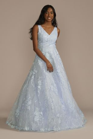 Long V-Neck 3D Floral Ball Gown David's Bridal