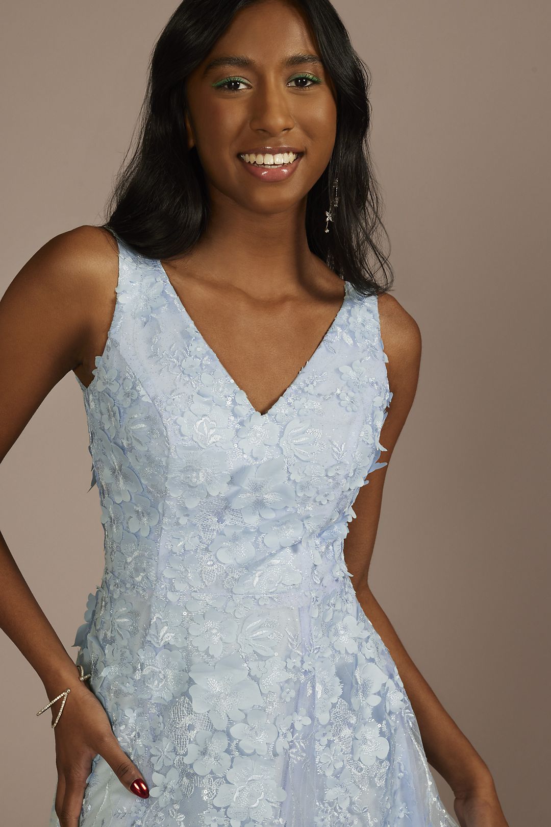 Long V-Neck 3D Floral Ball Gown Image 3