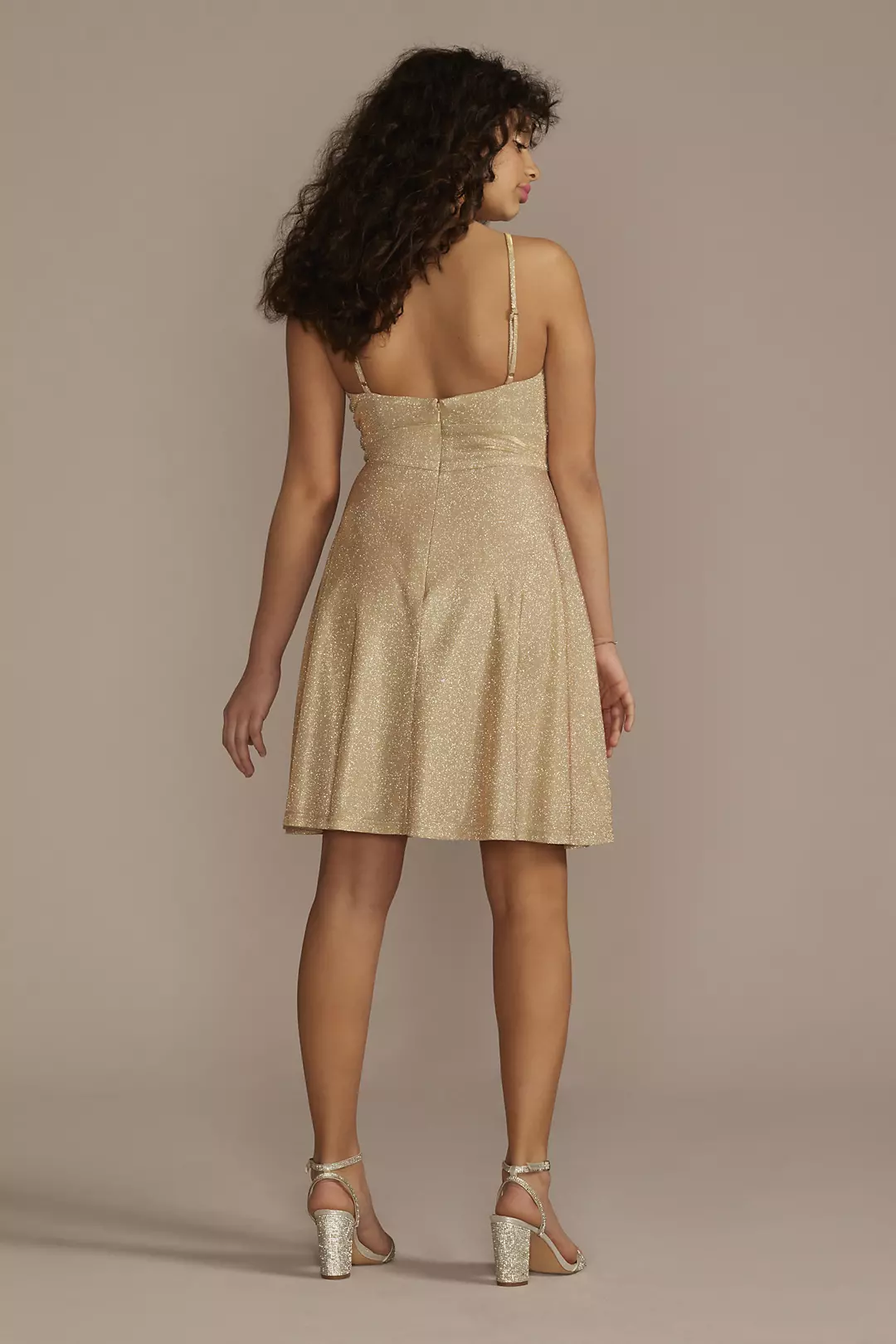 High Neck Glitter Knit A-Line Mini Dress | David\'s Bridal