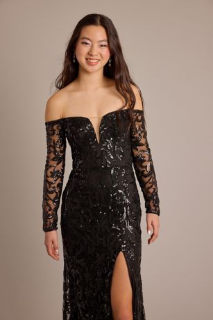 【♡mskn♡ 】DIVER DIMENSIONAL DRESS Allover Sequin Illusion Long Sleeve Sheath Dress | David's