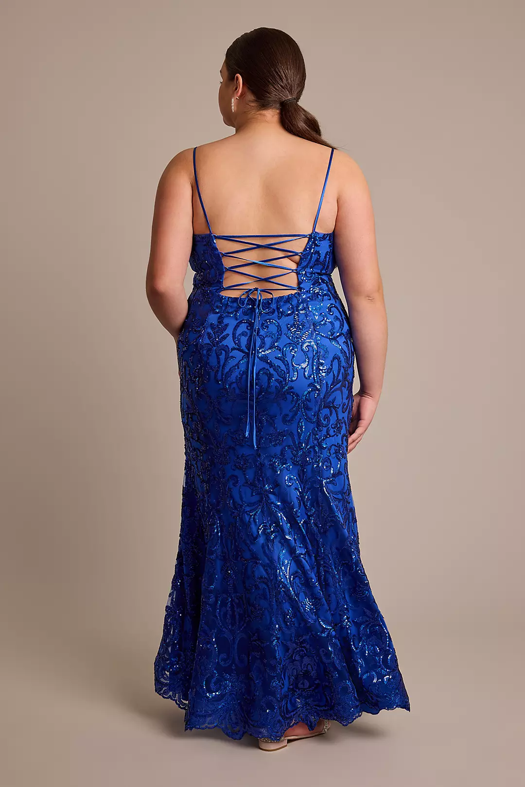 Patterned Sequin Mermaid Dress with Lace-Up Back Image 2