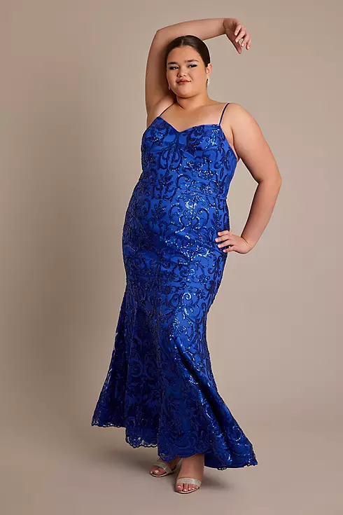 Patterned Sequin Mermaid Dress with Lace-Up Back Image 1