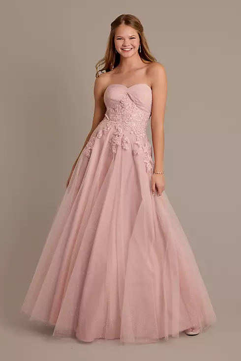 Glitter Tulle Ball Gown with Floral Appliques Image 1