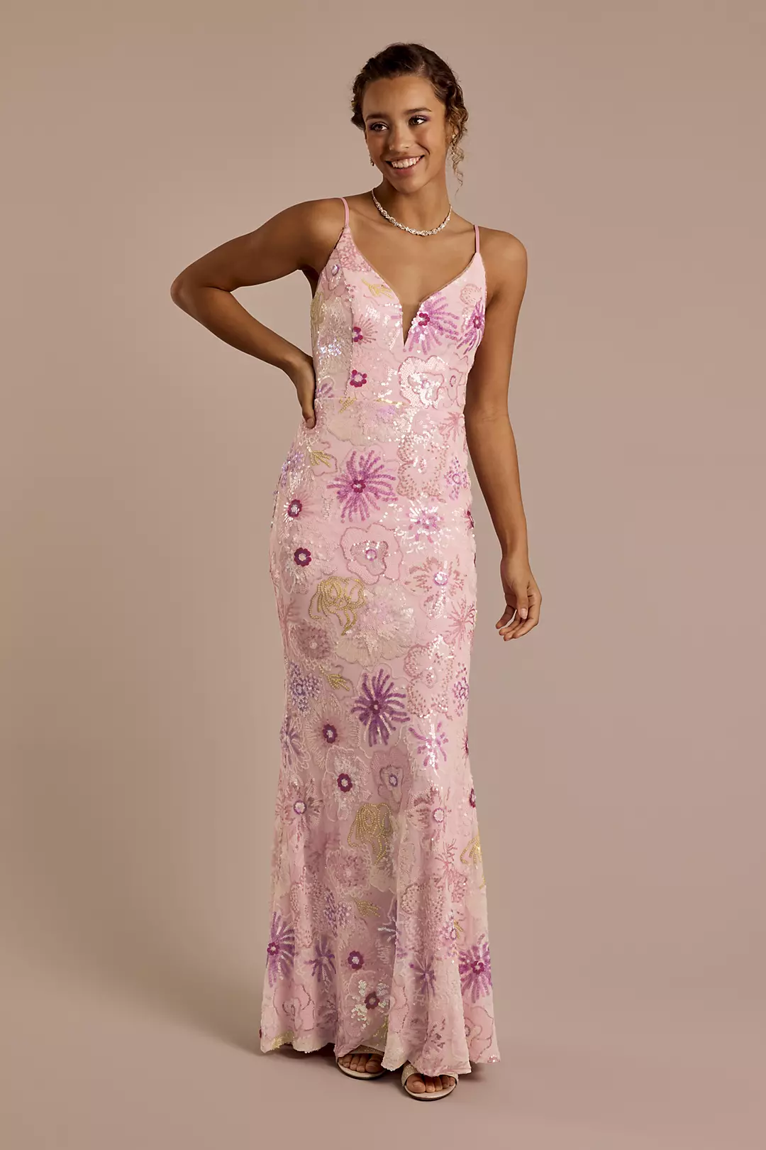 Floral Sequin Spaghetti Strap Sheath Dress | David's Bridal Floral Sequin Spaghetti Strap Sheath Dress | David's Bridal