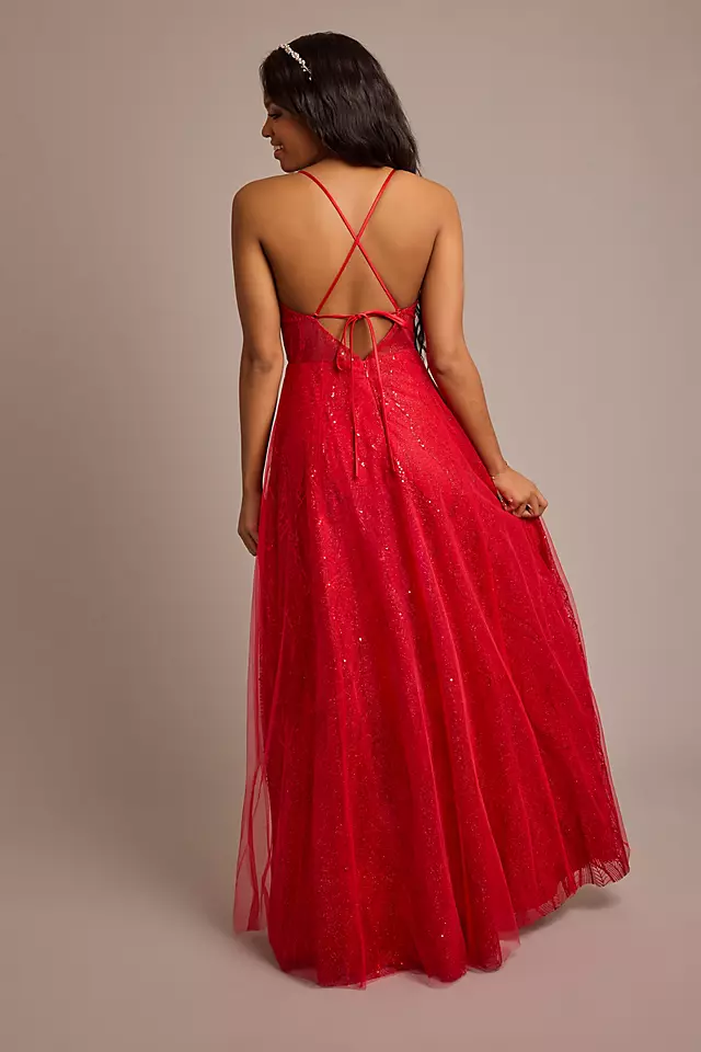 Patterned Sequin A-Line Dress with Plunge Neckline Image 2