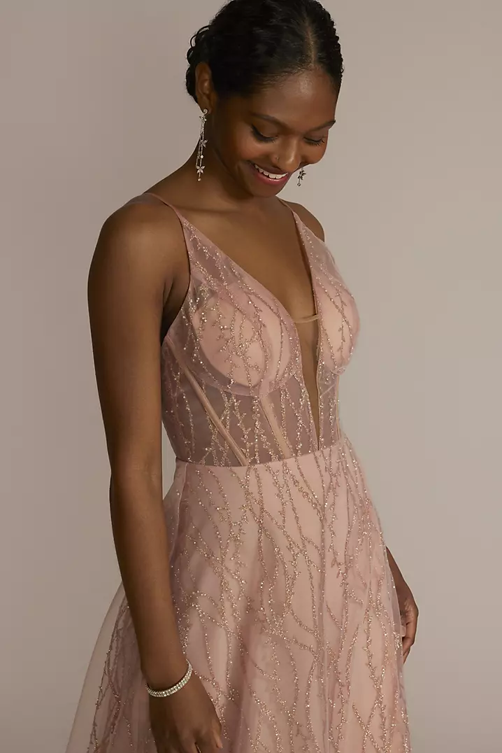 Patterned Sequin Illusion Bodice A-Line with Slit | David's Patterned Sequin Illusion Bodice A-Line with Slit | David's