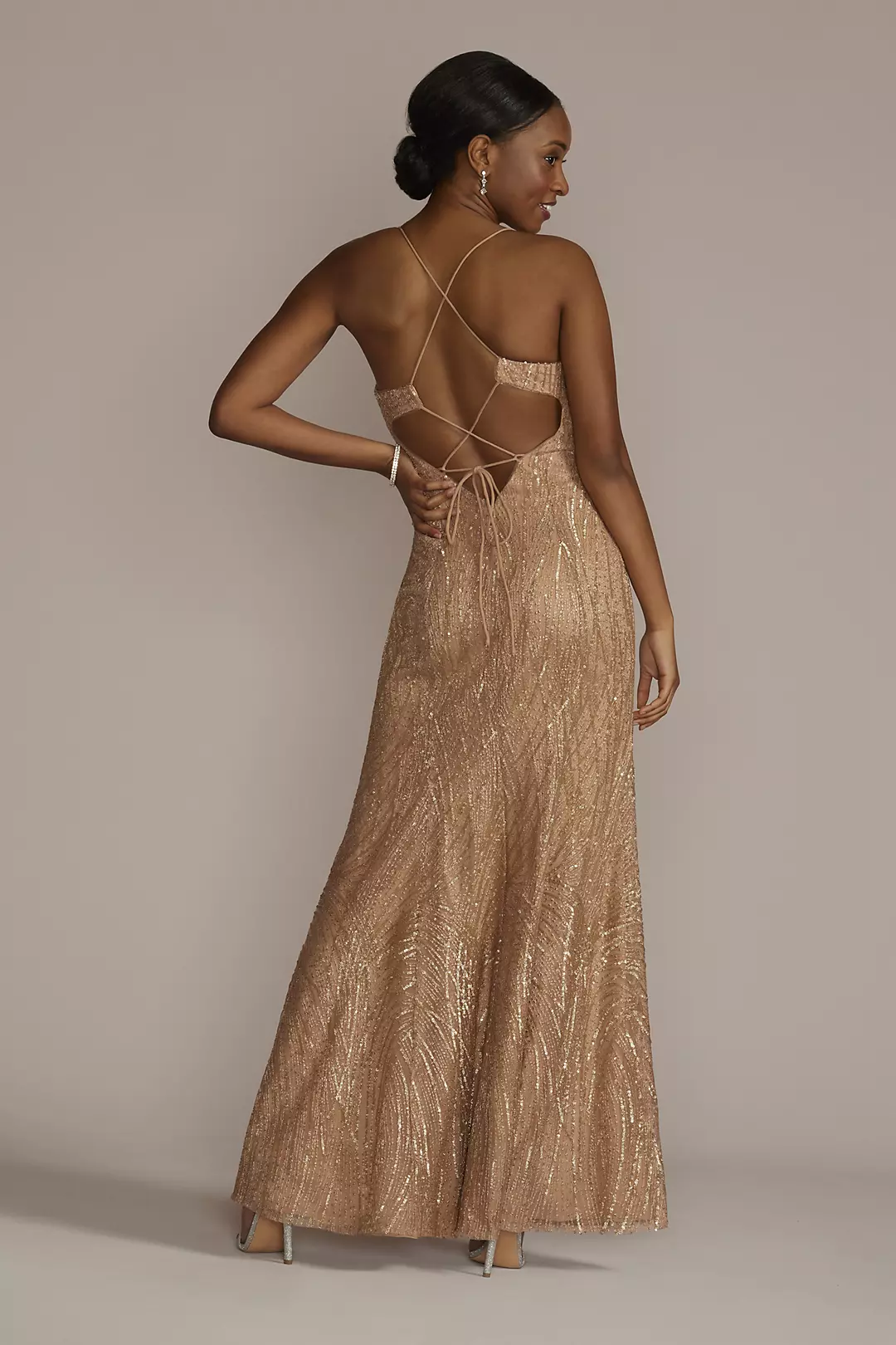 Metallic Sequined Sheath with Slit | David's Bridal Metallic Sequined Sheath with Slit | David's Bridal