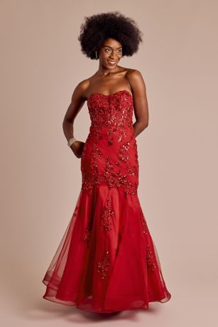 Strapless Tulle Lace Applique Mermaid Dress Image