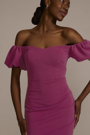 Off-the-Shoulder Puff Sleeve Midi Dress | David's Bridal
