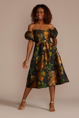 Brocade Off-the-Shoulder Puff Sleeve A-Line | David's Bridal
