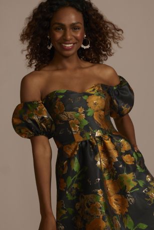 Brocade Off-the-Shoulder Puff Sleeve A-Line | David's Bridal