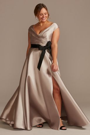 Pleated Satin Cap Sleeve Plus Size Dress with Bow