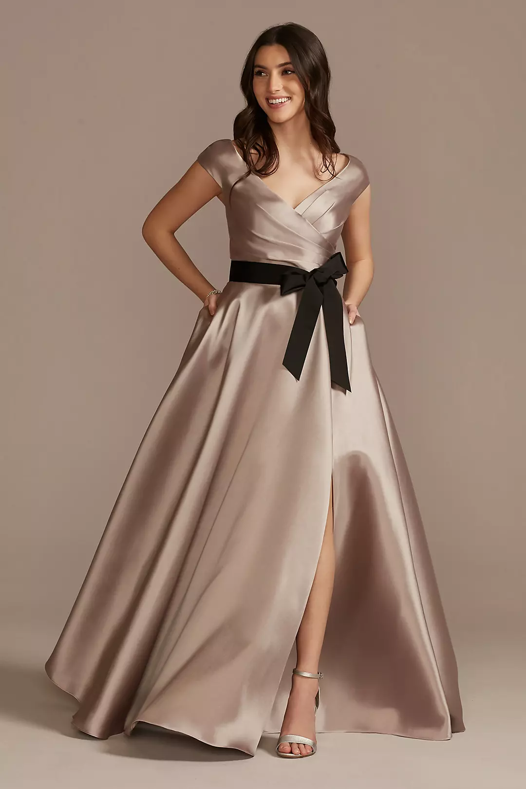 Pleated Satin Cap Sleeve Dress with Bow Image