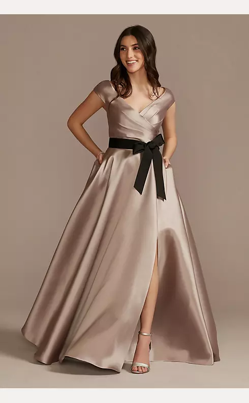 Pleated Satin Cap Sleeve Dress with Bow Image 1