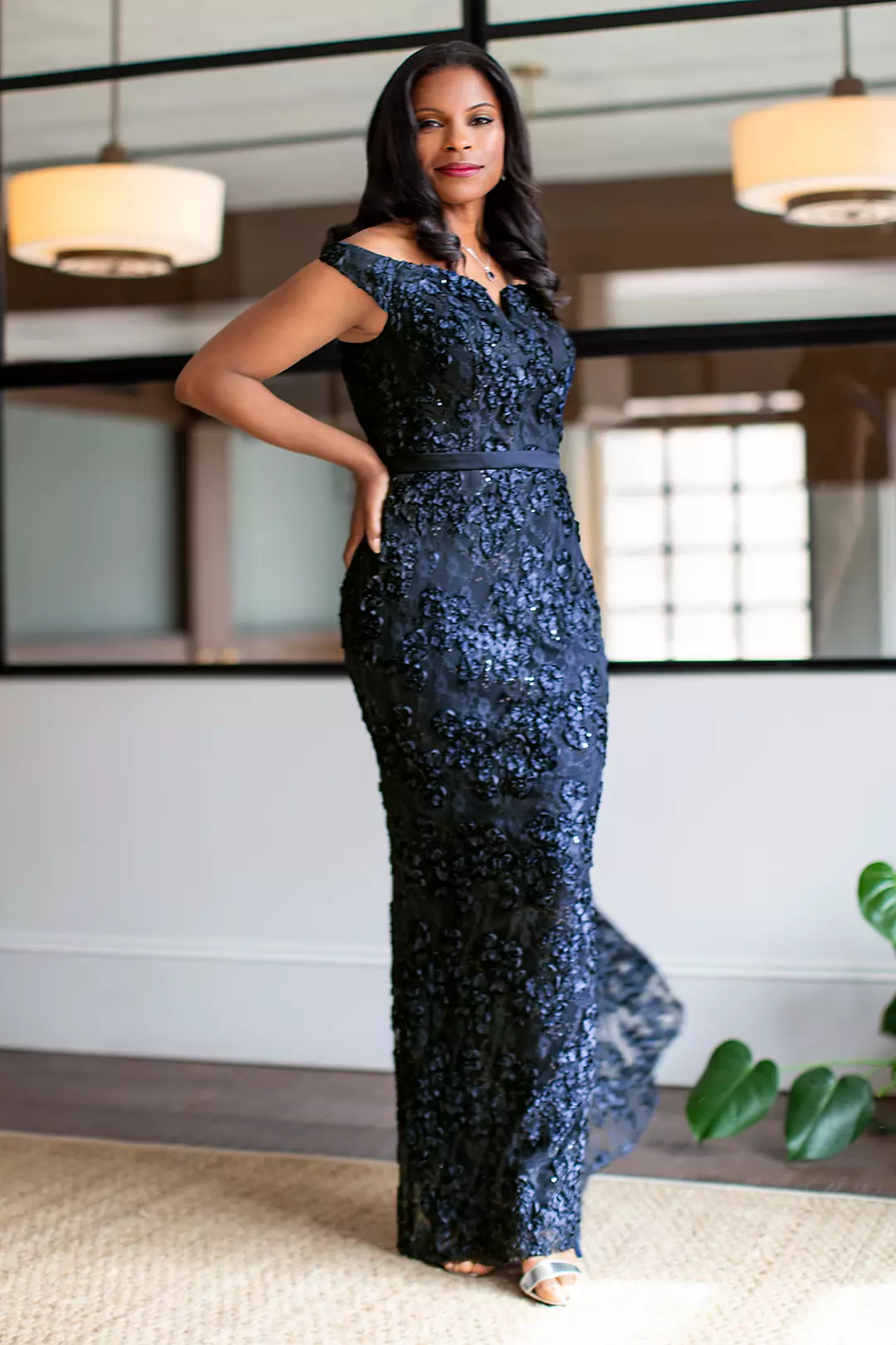 Off-the-Shoulder Sparkle Applique Sheath Gown | David's Bridal Off-the-Shoulder Sparkle Applique Sheath Gown | David's Bridal