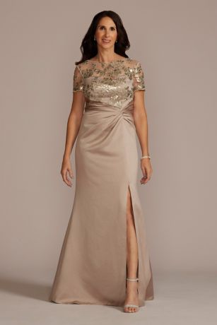 Satin Sheath Gown with Lace Illusion Neck