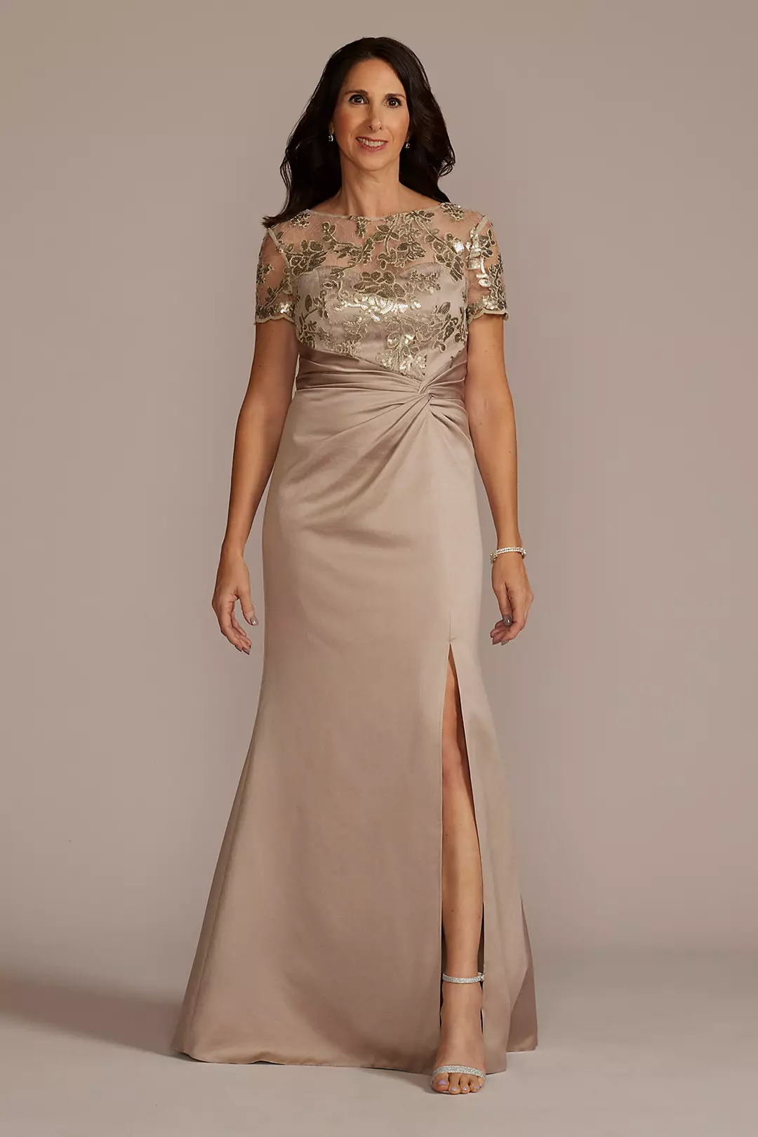 Satin Sheath Gown with Lace Illusion Neck Image