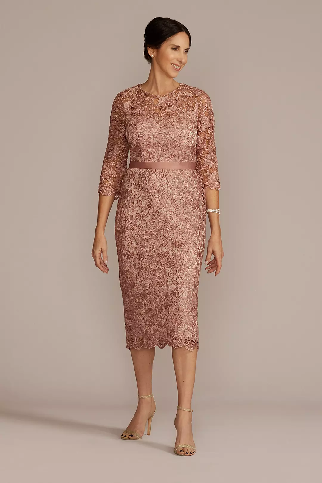 Three-Quarter Lace Dress with Satin Waistband Image 1