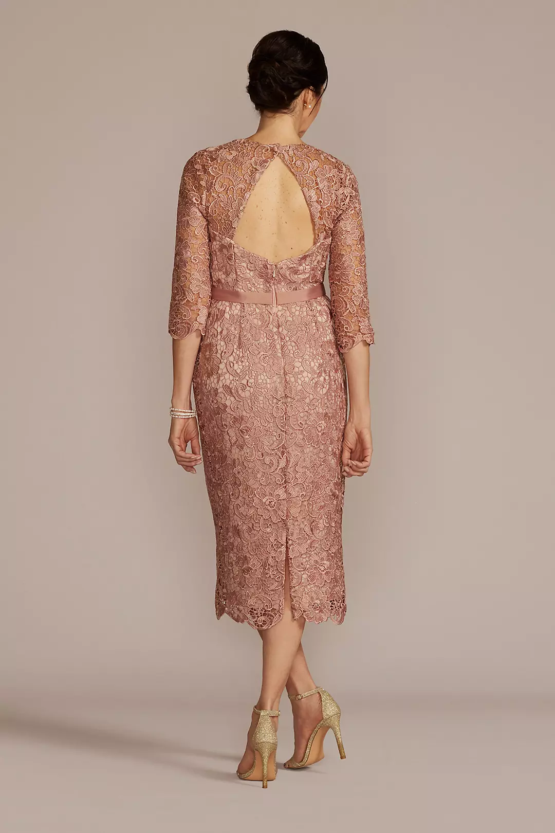 Three-Quarter Lace Dress with Satin Waistband