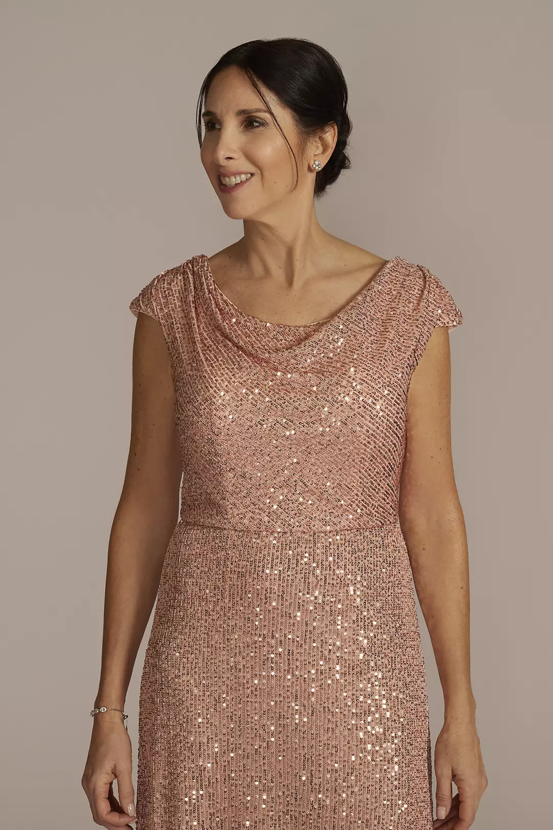 Cowl Neck Cap Sleeve Allover Sequin Gown Image 3